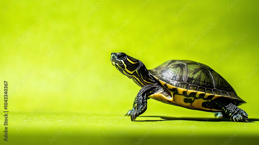 Fototapeta premium A small turtle walking towards the right of the frame on a green background.
