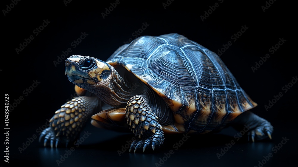Fototapeta premium A turtle with a patterned shell on a black background.
