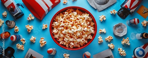 Aerial view of a whimsical popcorn snack arrangement, set against a backdrop of movie paraphernalia, creating a fun and engaging atmosphere