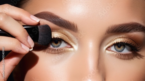 Close-up of a woman's eye with gold eyeshadow and winged eyeliner. She applies makeup with a brush. Perfectly shaped eyebrows enhance the look.
