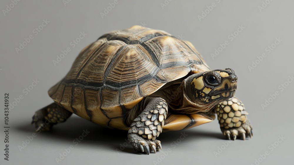 Fototapeta premium A small turtle with a dark brown and yellow shell is walking on a white surface with its reflection visible.