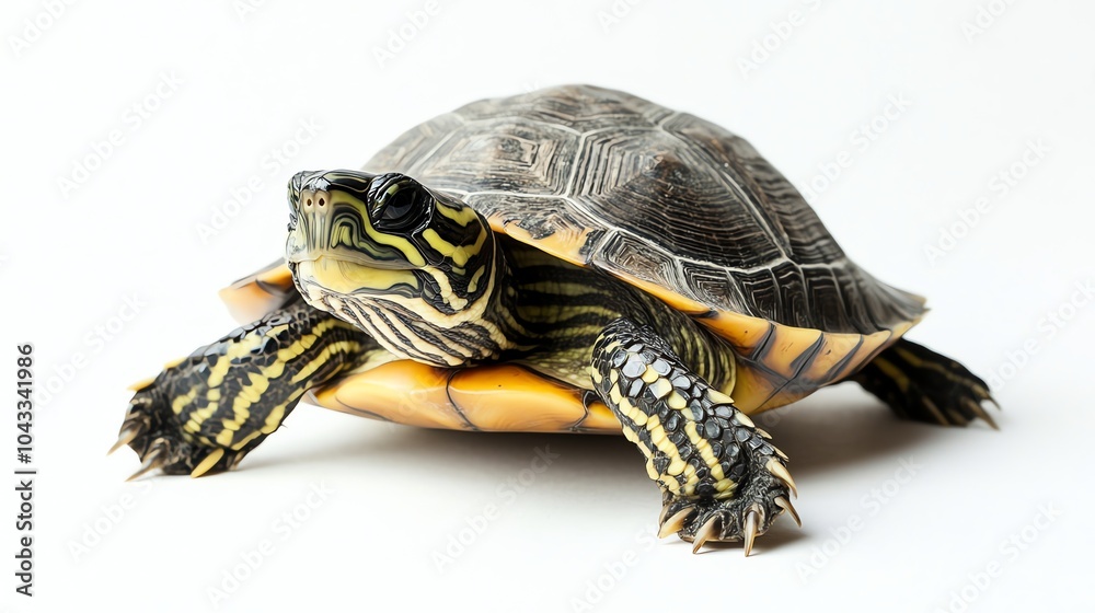 Obraz premium A small turtle with a dark brown and yellow shell is walking on a white surface.
