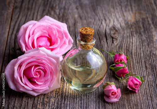 Fototapeta Naklejka Na Ścianę i Meble -  Bottles of essential rose oil and flowers