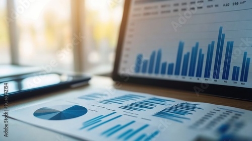 Financial report with bar chart and pie graph on desk