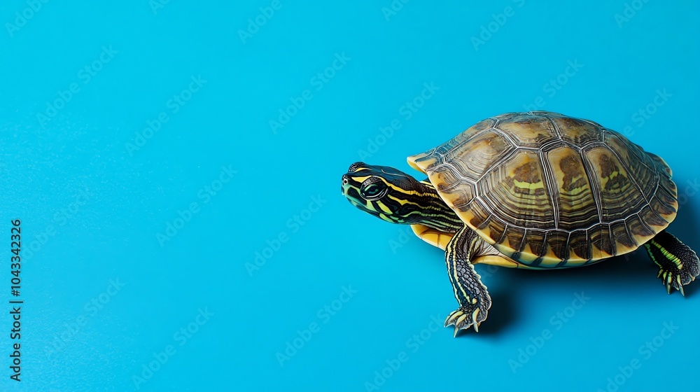 Obraz premium A turtle with a patterned shell walks on a blue background.