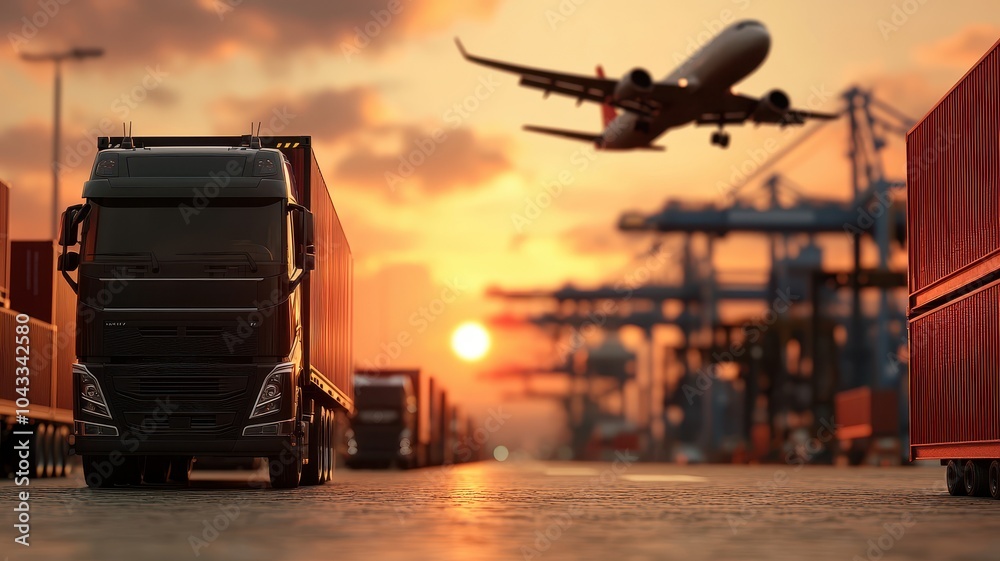 Fototapeta premium Truck and airplane in a busy logistics hub during sunset.