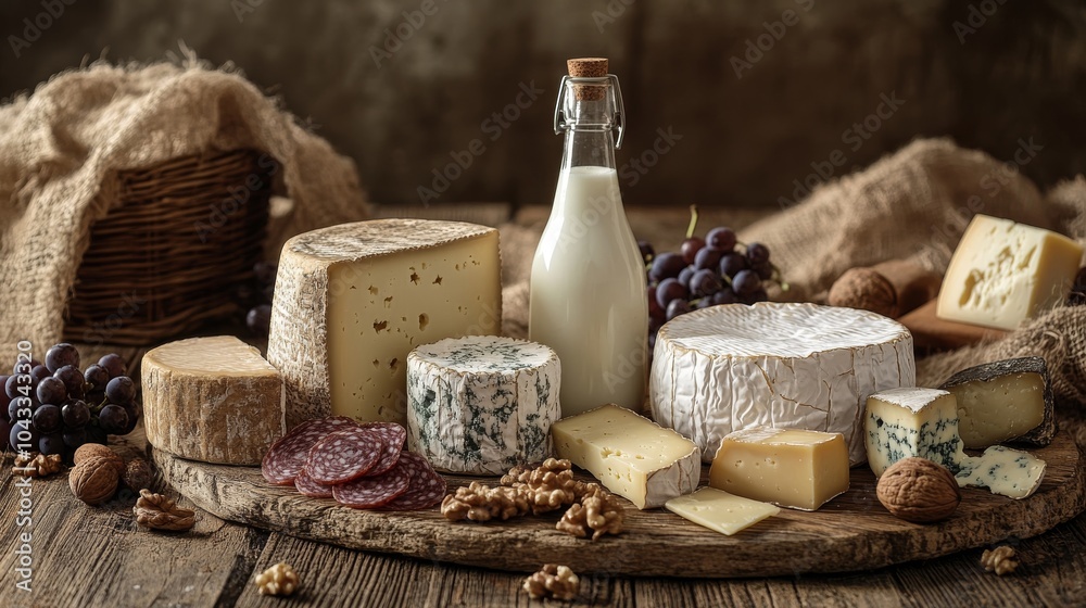 A rustic display of various cheeses, including hard, soft, and blue cheeses, accompanied by a bottle of milk, grapes, and nuts on a wooden table. A rustic display of various cheeses, including hard, soft, and blue cheeses, accompanied by a bottle of milk, grapes, and nuts on a wooden table.