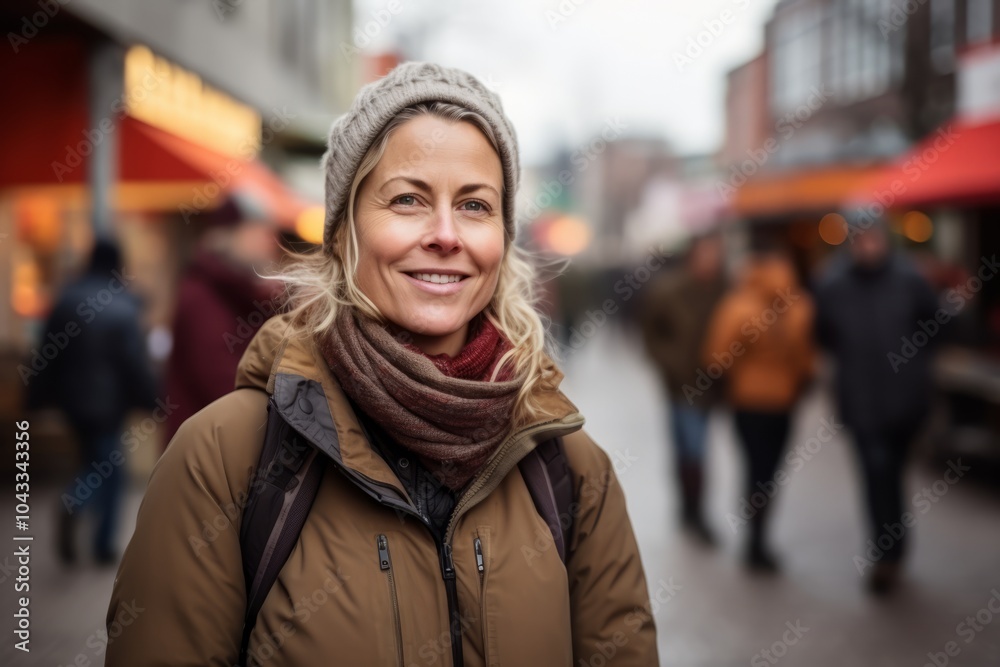 Portrait of smiling middle-aged woman on the street in winter Portrait of smiling middle-aged woman on the street in winter