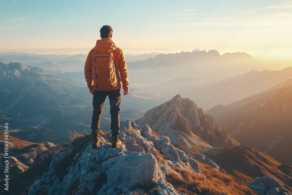 A man standing on a mountain peak, looking out over the landscape, symbolizing the search for truth A man standing on a mountain peak, looking out over the landscape, symbolizing the search for truth