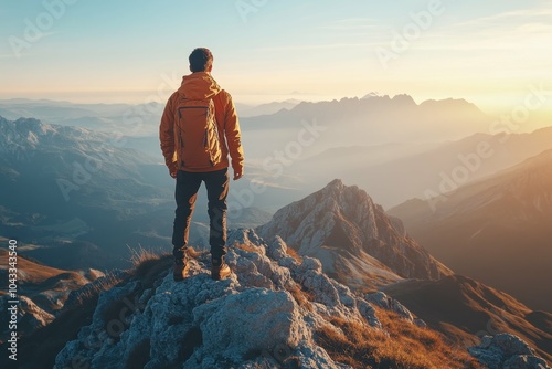 A man standing on a mountain peak, looking out over the landscape, symbolizing the search for truth photo