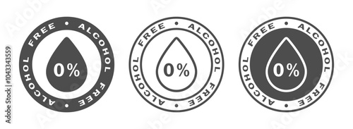 Alcohol free graphic icon set. 0% alcohol labels. Product without alcohol isolated signs on white background. Vector illustration