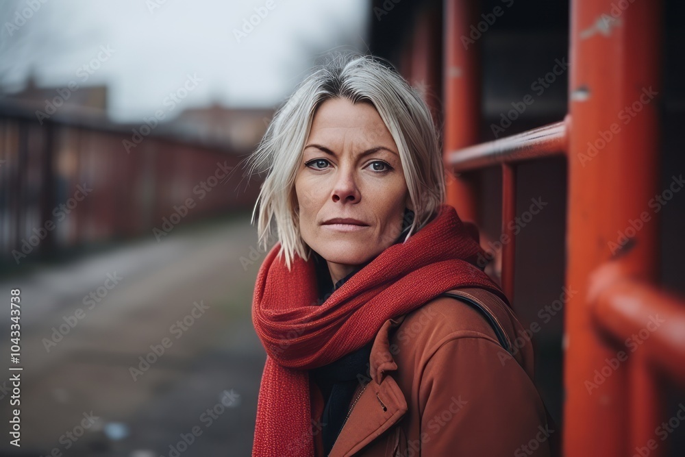 Portrait of a beautiful middle aged woman in a coat and red scarf Portrait of a beautiful middle aged woman in a coat and red scarf