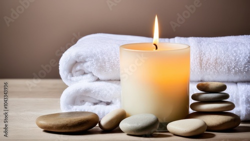 A lit candle, plush white towels, and smooth stones beautifully arranged on a marble surface, creating a serene spa-like atmosphere for relaxation.