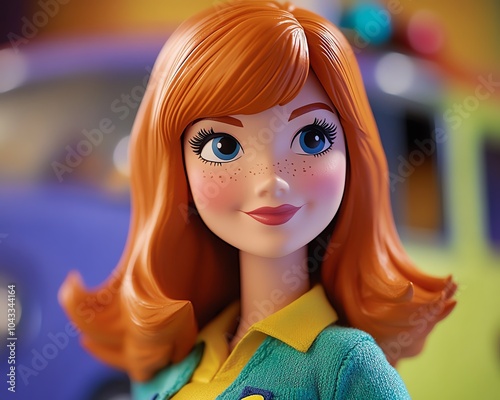 Fun closeup shot of Daphne toy character from the Scooby gang, with the Mystery Machine blurred in the background, colorful and engaging scene photo