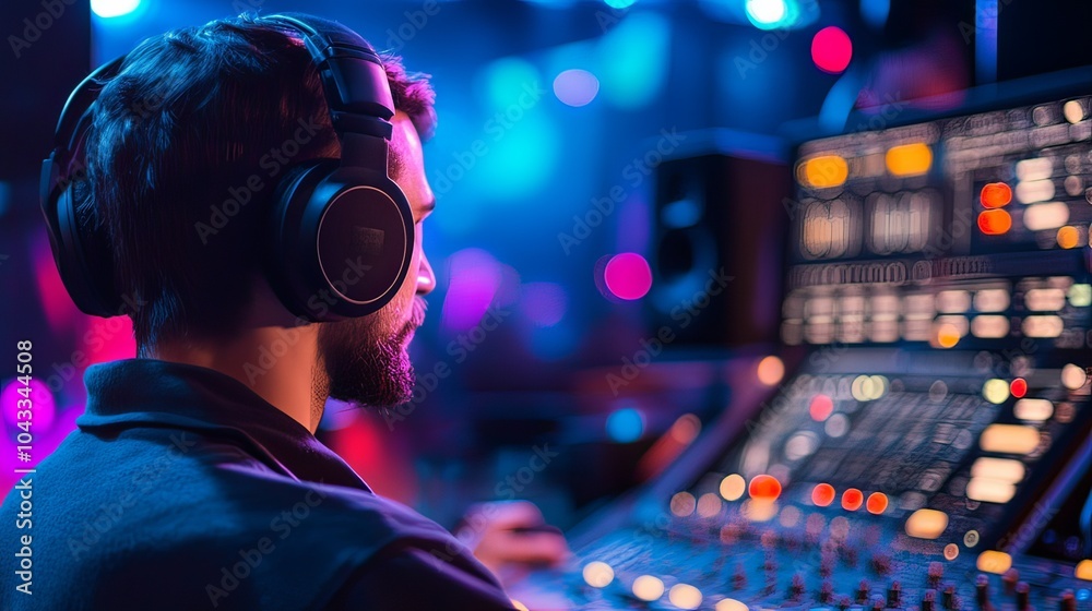 A sound technician monitoring audio levels from a control booth, ensuring an immersive concert experience for the audience. A sound technician monitoring audio levels from a control booth, ensuring an immersive concert experience for the audience.