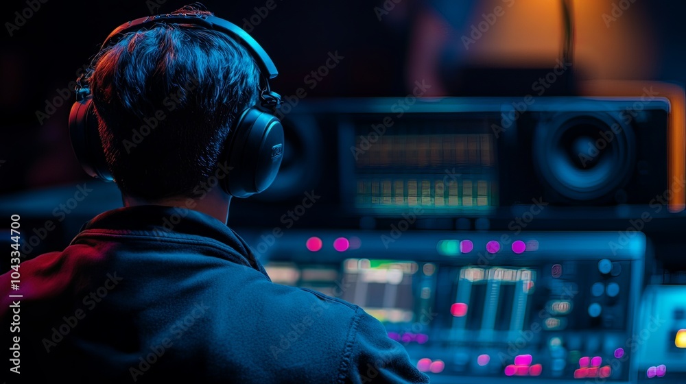 A sound technician monitoring audio levels from a control booth, ensuring an immersive concert experience for the audience. A sound technician monitoring audio levels from a control booth, ensuring an immersive concert experience for the audience.
