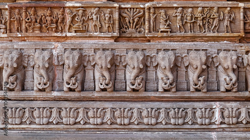 Carved Panels of Hindu Deities and Animals on the Shamlaji Vishnu Temple, Aravalli District, Gujarat, India. photo