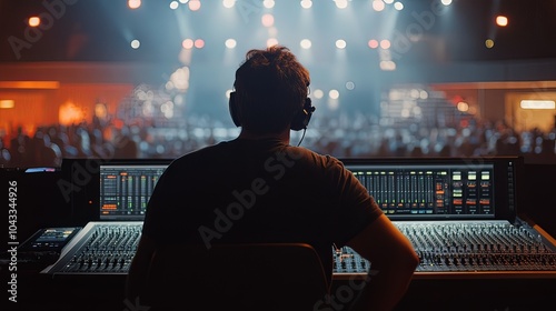 A sound technician monitoring audio levels from a control booth, ensuring an immersive concert experience for the audience.