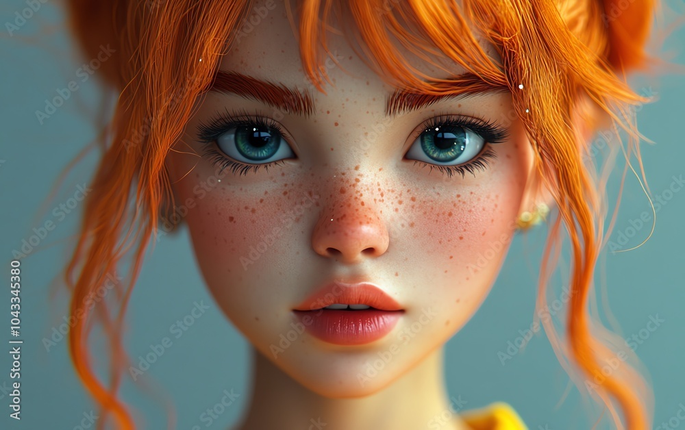 Obraz premium Lifelike closeup of a 3D girl character, showcasing detailed textures and vivid colors, with a playful expression that captures attention