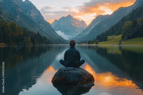 A man sitting on a rock in the middle of a serene lake, looking out over the water, symbolizing contemplation photo