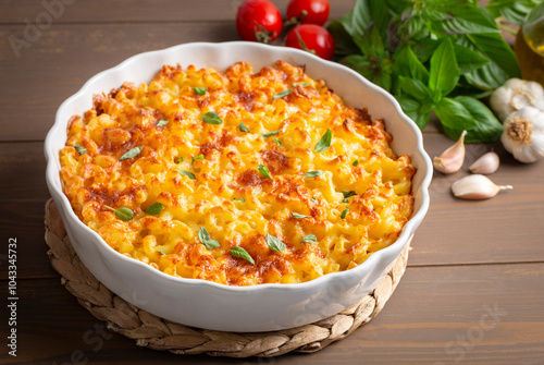 Traditional North American dish. Baked pasta with cheese. photo