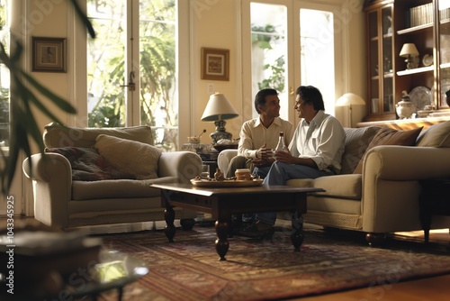 Couple discussing home decor ideas in a bright room