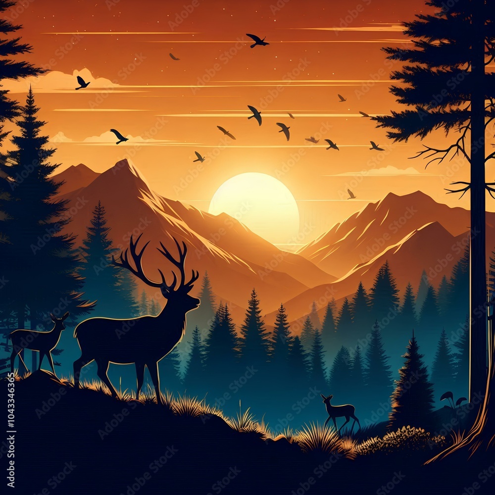 Fototapeta premium Scenic sunset landscape with deer in forest and mountain silhouettes.