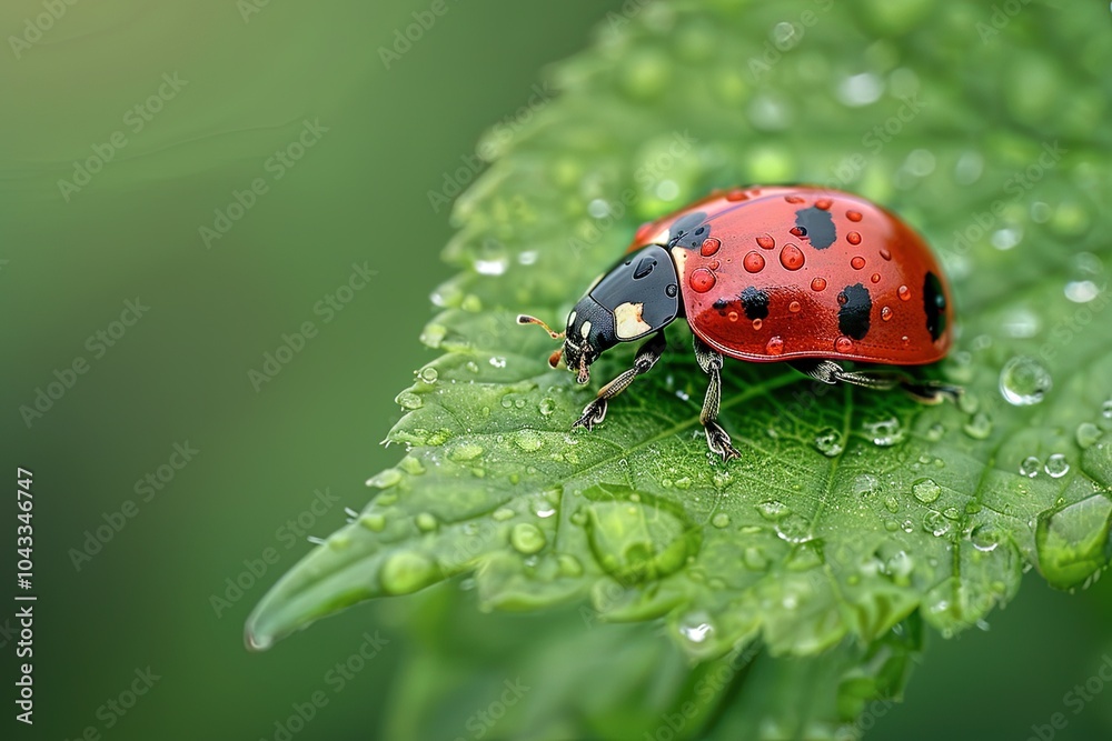 Ladybug standing on green leaf covered in water drops Ladybug standing on green leaf covered in water drops