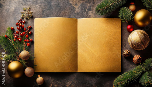 Christmas background with a vintage blank paper and christmas decorations. Top view with copy space photo