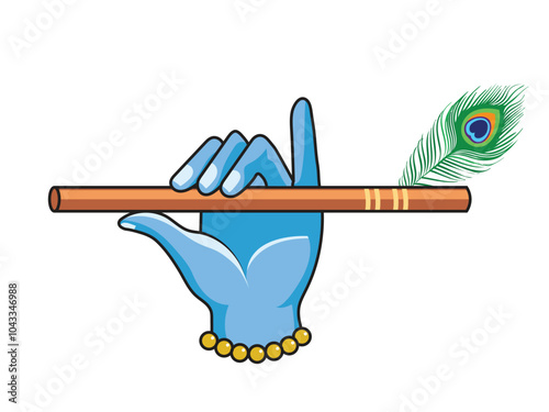 Illustration of Lord Krishna Hand Holding Flute with Peacock Feather for Happy Janmashtami or Govardhan Puja.