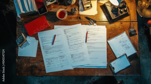 An overhead shot of film set call sheets and scene breakdowns on a large table with a casting directorâ€™s notepad and red pen, movie planning, casting industry, script preparation.