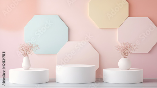 A simple, modern display with three white hexagonal podiums. The backdrop features soft pastel colors in a hexagonal pattern. Perfect for showcasing products.