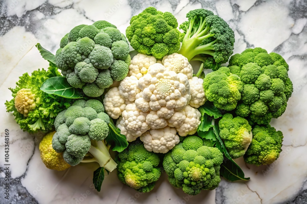 Crisp broccoli and cauliflower gleam against a pristine marble backdrop. Crisp broccoli and cauliflower gleam against a pristine marble backdrop.