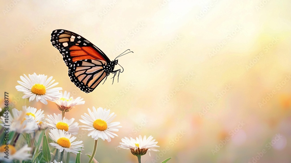 A vibrant Monarch butterfly flutters above delicate white daisies in a soft, dreamy garden setting.