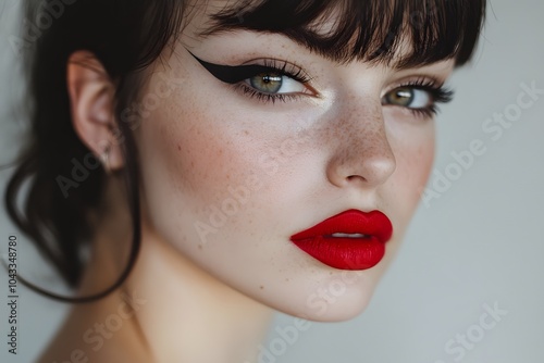 Close-up of a female model with a bold red lip and winged eyeliner photo