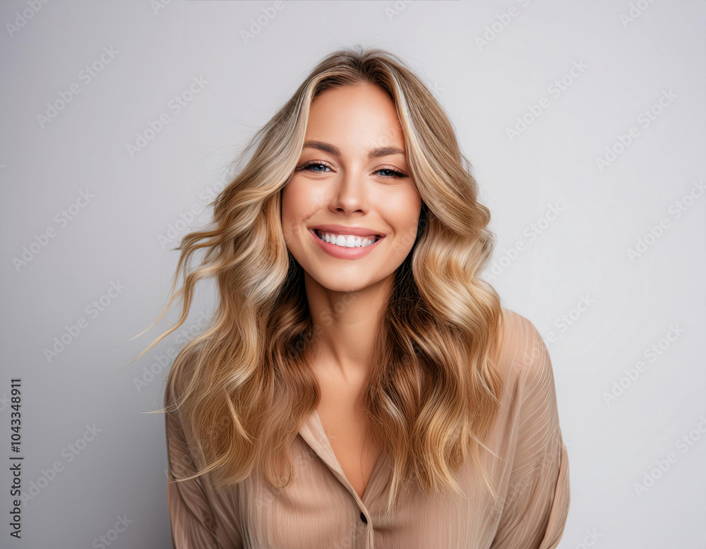 Portrait of a beautiful young woman with wavy blond hair, smiling at the camera. Portrait of a beautiful young woman with wavy blond hair, smiling at the camera.