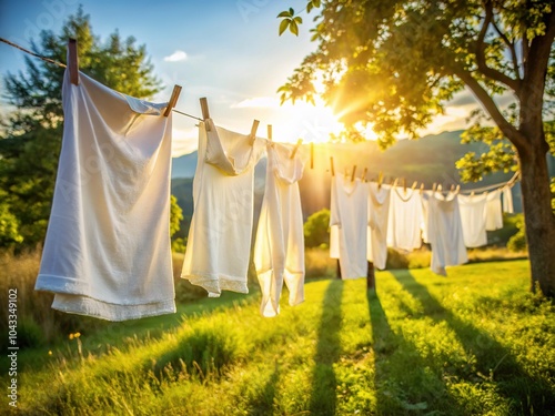 Wallpaper Mural Crisp white linen, bathed in golden sunlight, dances against a vibrant landscape. Torontodigital.ca