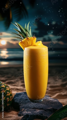 Ground level angle view, charcoal stone surface with blurred evening beach and moonlight, showcasing a tropical smoothie with mango and pineapple, ad promo template, smoothie branding, beach decor photo