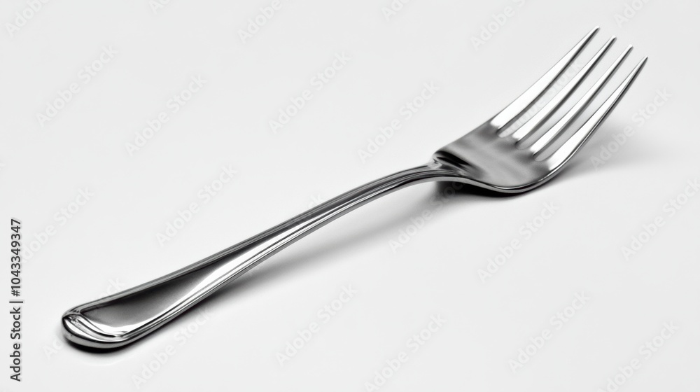 Stainless steel fork with a sleek design placed diagonally on a white surface Stainless steel fork with a sleek design placed diagonally on a white surface