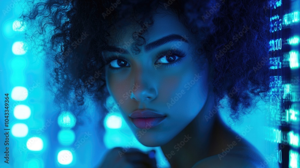 African American woman watching data visualizations on a holographic screen. African American woman watching data visualizations on a holographic screen.
