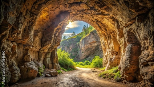 Rock arch tunnel entrance reflected in water