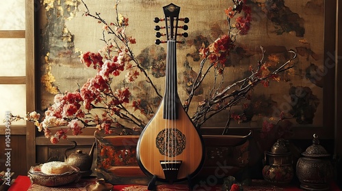 A traditional sitar resting on a decorative rug, with a beautiful backdrop of Indian artwork. 