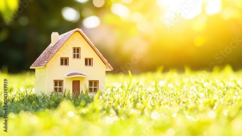 Miniature house on grassy field with sunlight and lens flare. Outdoor photography with natural bokeh effect. Real estate and eco-friendly living concept.