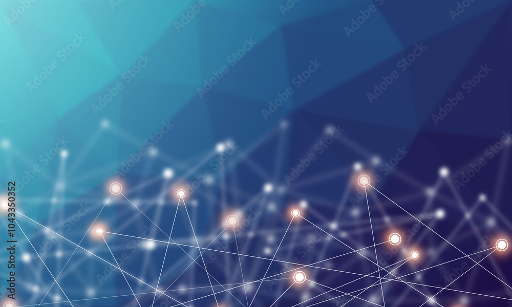 Obraz premium Technology background concept, Abstract connected line dots network on bright polygon blue blurred background