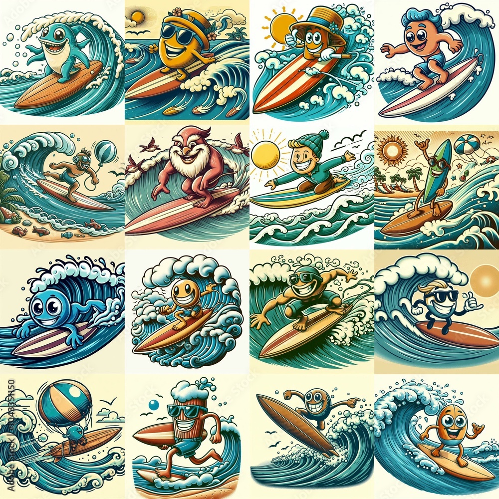 Cartoon surf on waves. AI generated illustration Cartoon surf on waves. AI generated illustration