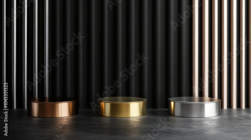 Elegant 3D podiums in silver, gold, and rose gold, set against a black pillar backdrop. Perfect for showcasing products in a luxurious and minimalist setting.