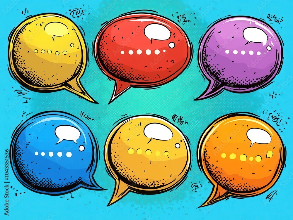 empty comic speech bubbles with halftone shadows, designed in a retro cartoon style, emphasizing comic art elements and playful visual communication in a fun, vibrant manner