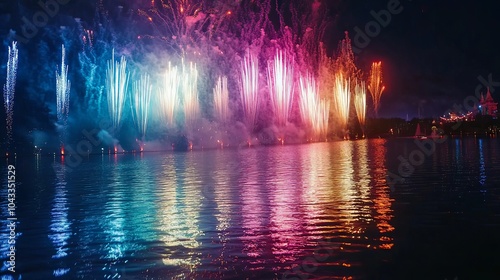 A vibrant burst of fireworks reflecting on the calm waters of the Gulf of Thailand, creating a magical scene during the festival.