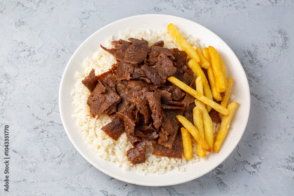 Meat doner menu, iskender menu on plate, turkish special meat doner, food, special menu (Turkish name; pilav üstü et doner)