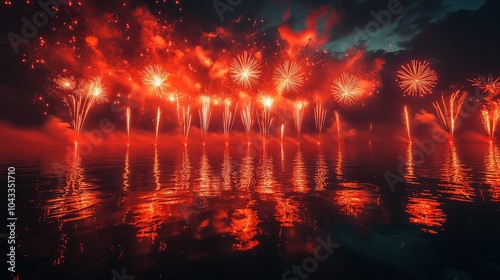 A vibrant burst of fireworks reflecting on the calm waters of the Gulf of Thailand, creating a magical scene during the festival.